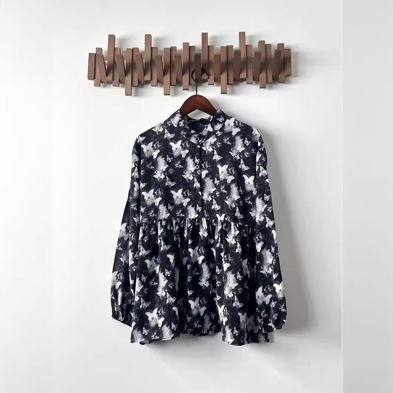 Roupas femininas nova camisa estampa borboleta retrô feminina camisa solta preguiçosa jaqueta de manga comprida tops femininos_voghion.com