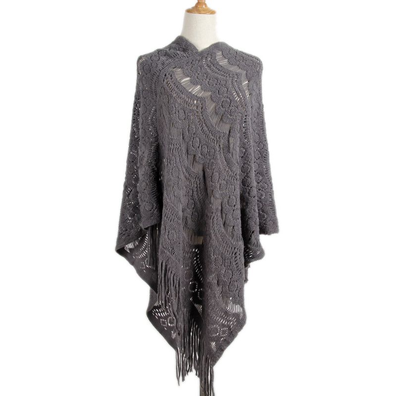 Pull tricoté à pompon irrégulier et à fleurs creuses de longueur moyenne pour femme_voghion.com