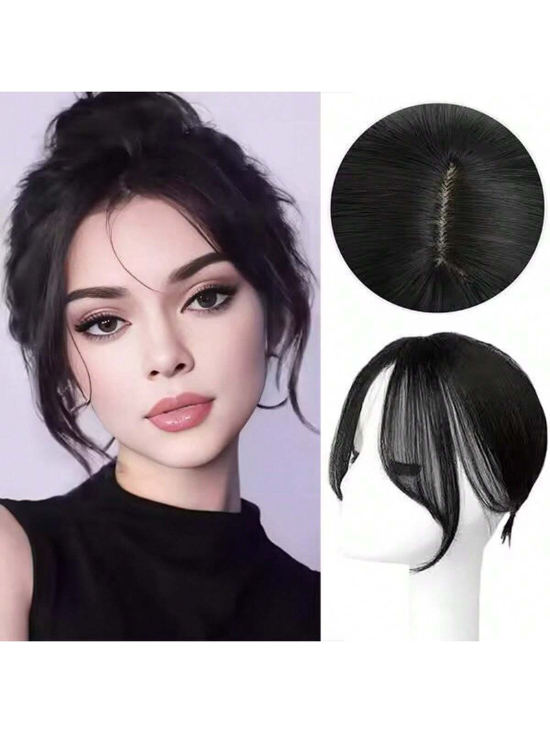 Toppa per parrucca con frangia nera, frangia finta sulla fronte naturale, toppa per capelli con spacco centrale sulla parte superiore_voghion.com