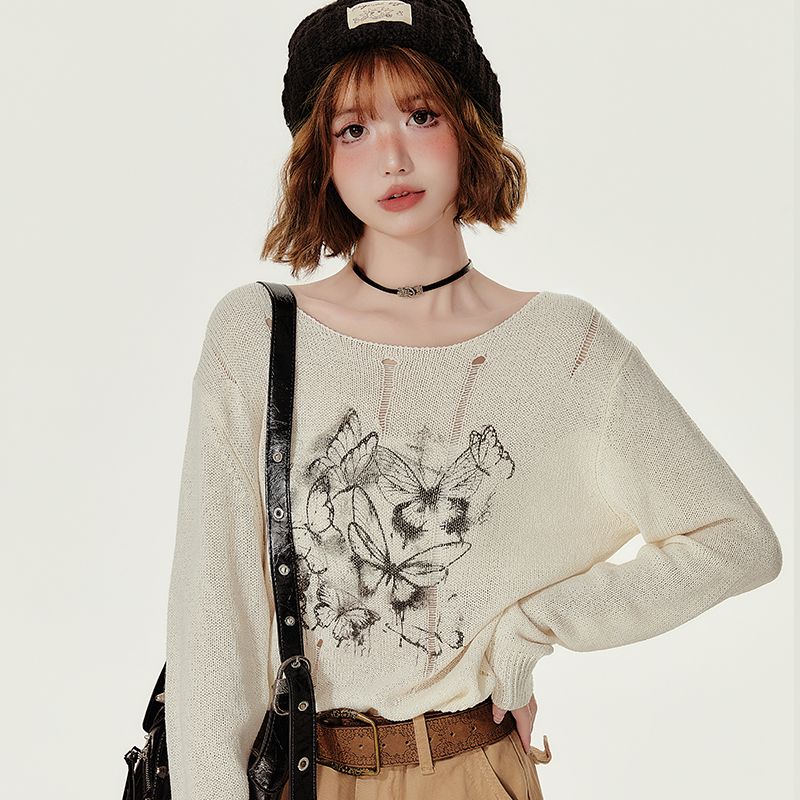 Girlyhalo Amerikanischer Rundhals-Strickpullover mit langen Ärmeln für Damen, neuer Herbststil mit Graffiti-Print im Used-Look_voghion.com