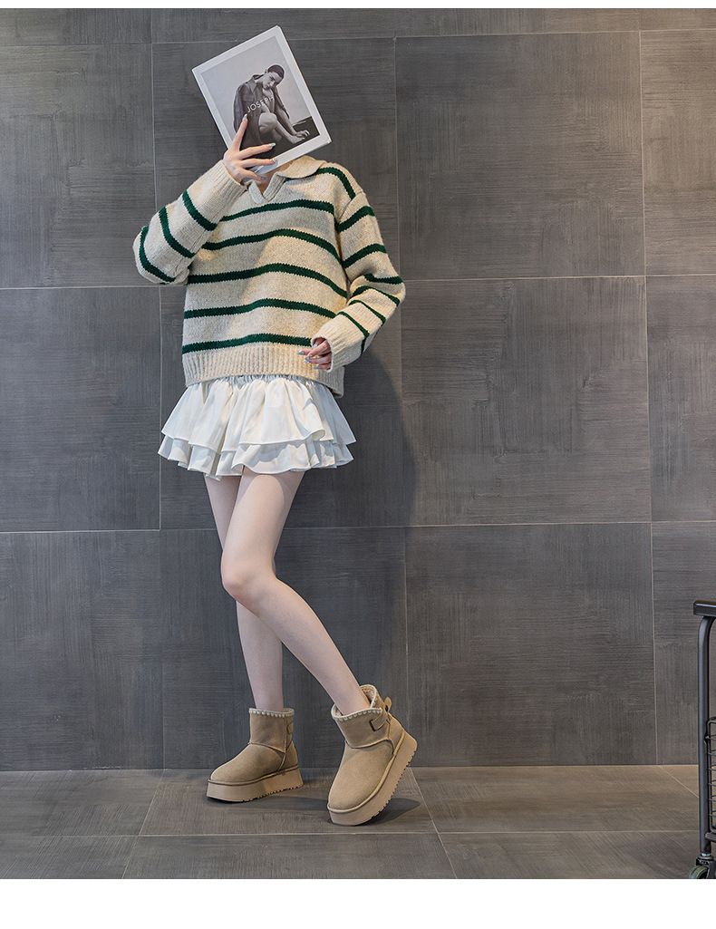 Snow Boots Women's Wool Woven V-port Thick Bottom Side Buckle Thickened Casual Cold-proof Small Snow Cotton_voghion.com