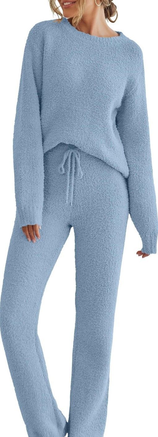 Ensemble pantalon long et épais pour femme, couleur unie, col rond, manches longues, collection automne-hiver 2025_voghion.com