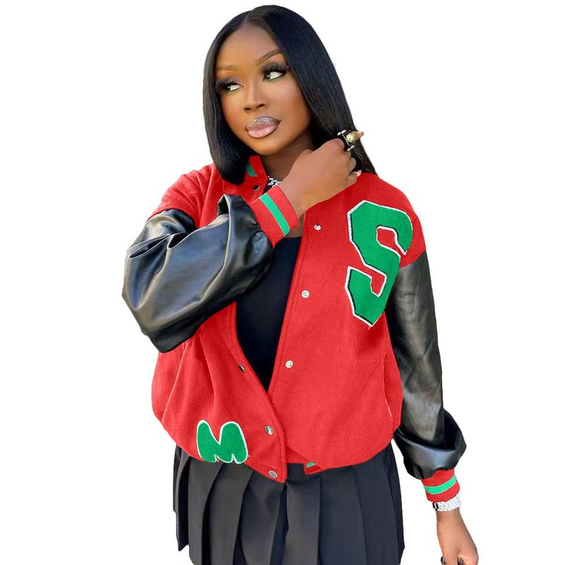 Women's Clothing thick wool leather stitching letter embroidery stand collar baseball jacket_voghion.com