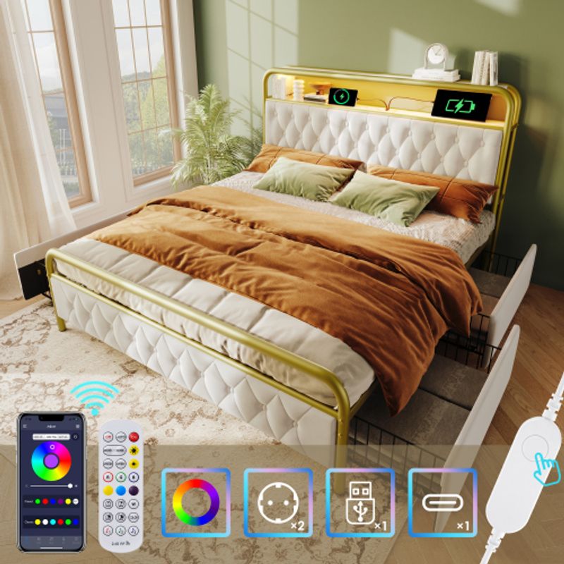 Polsterbett Doppelbett Mit Aufladen USB Type C Ladefunktion APP-Control LED Bettgestell Metallbett 140×200 Bettrahmen Und 4 Schubladen, Samt (Ohne Matratze)_voghion.com