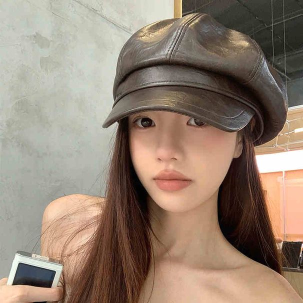 PU leren eendenbek baret 2025 herfst/winter nieuwe dames achthoekige hoed_voghion.com