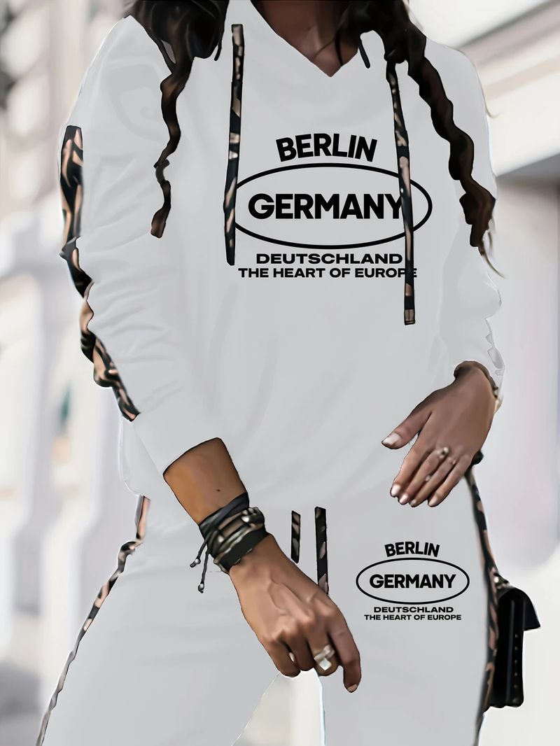 Damen-Kapuzenpullover-Set mit Buchstabendruck, langärmligem Pullover-Sweatshirt und Hose mit elastischer Taille_voghion.com