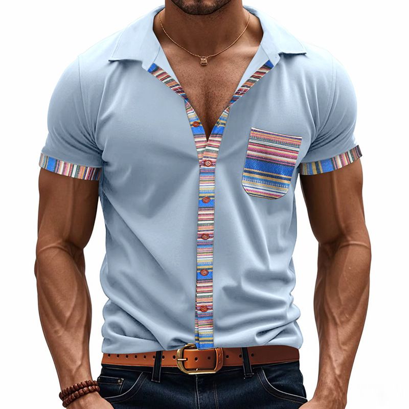 New Summer Men's Loose Casual Light Bohemian Style Color-Block Shirt Short Sleeve Cardigan_voghion.com