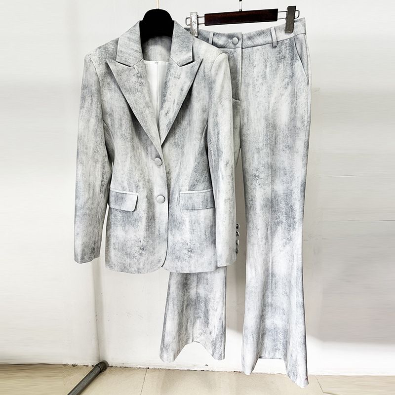 Women's Clothing Early Spring New Tie Dye Print Slim Fit Mid Length Suit Jacket Trousers Suit Two Piece Suit_voghion.com