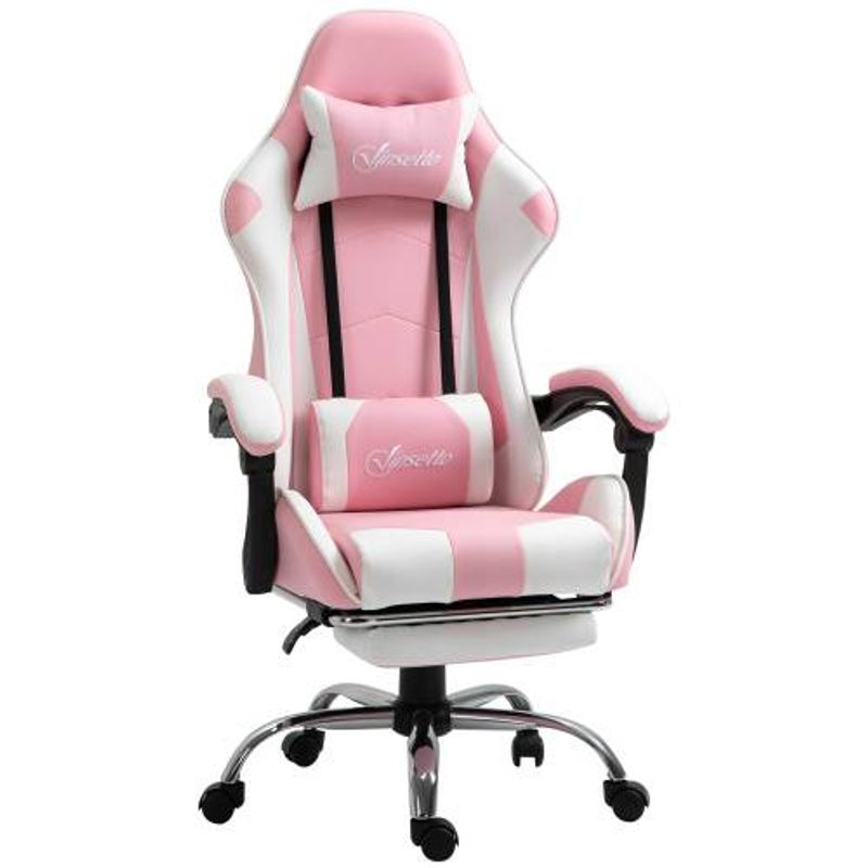 Pink Gaming Chair With Footrest, Ergonomic Design, 135° Recline, 360° Swivel, Lumbar & Neck Support – For Girls/Office/Gaming, Bedroom (Pink & White)_voghion.com