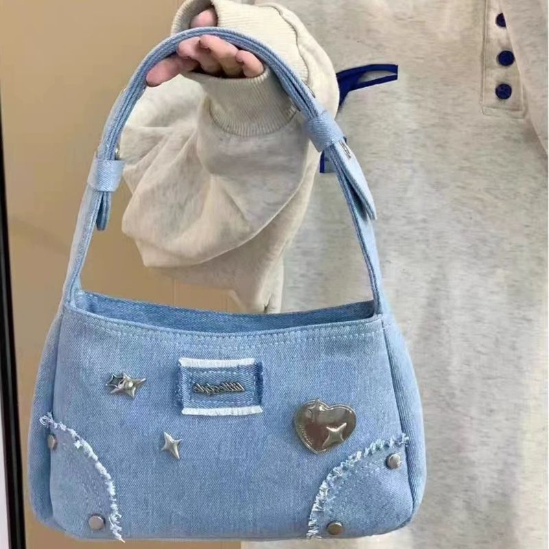 Borsa a tracolla da pendolare in denim con stella metallica, piccola e quadrata, da ascella, nuova 2025, di Niche_voghion.com