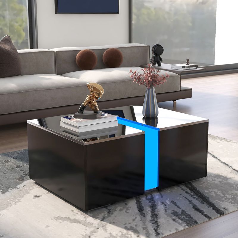 Hochglanz Couchtisch Mit Fernbedienung 16 Farben LED Lichter, Versenkbares Fach, LED Sofa Ablagetisch Für Wohnzimmer, 73*60*34cm Hochglanz Schwarz_voghion.com