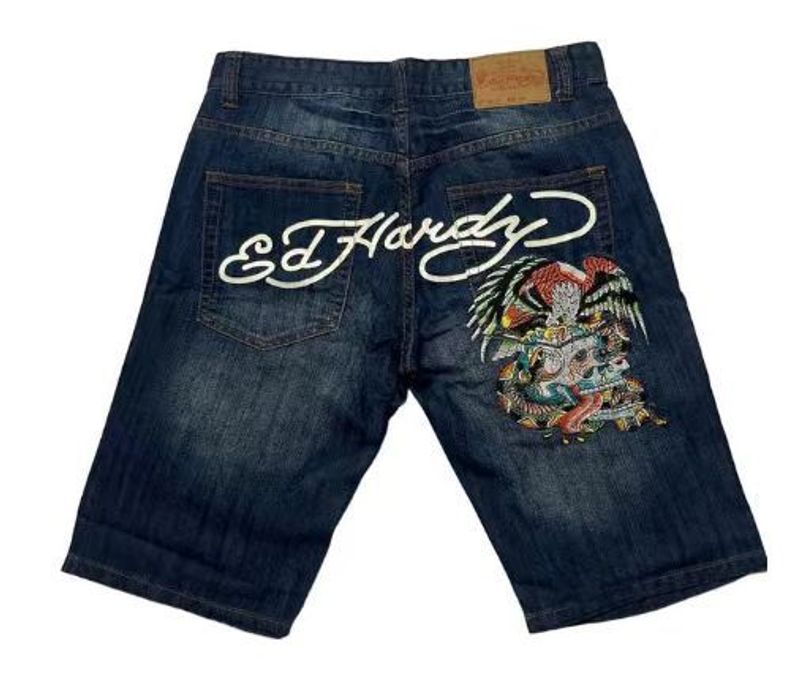 Erkek giyim hip-hop kaykay spor trend desen baskılı kot şort erkek sokak modası markası geniş paça şort_voghion.com