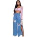 Modische, einfarbige, zerrissene Jeans mit hoher Taille und weitem Bein für Damen_voghion.com
