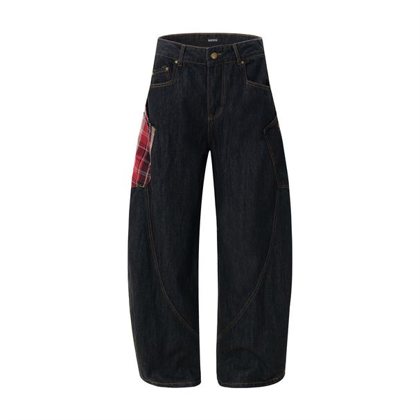 Herren-Scimitar-Jeans mit einzigartigem Design, genähter, geteilter Patchwork-Plaid-Arbeitshose mit großer Tasche und gerader, langer Hose_voghion.com