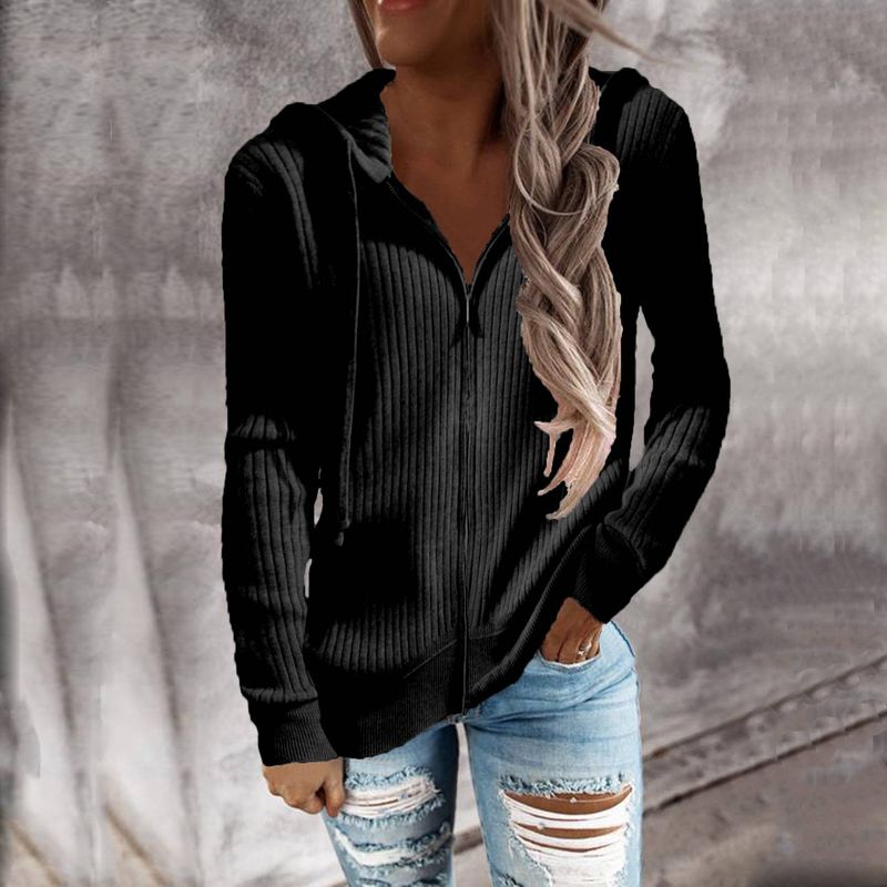 Autumn Winter Warm Hoodies Fashion Long Sleeve Zipper V-Neck Elegant Women Loose Hooded Casual Office Lady Knit Chic Sweatshirts_voghion.com