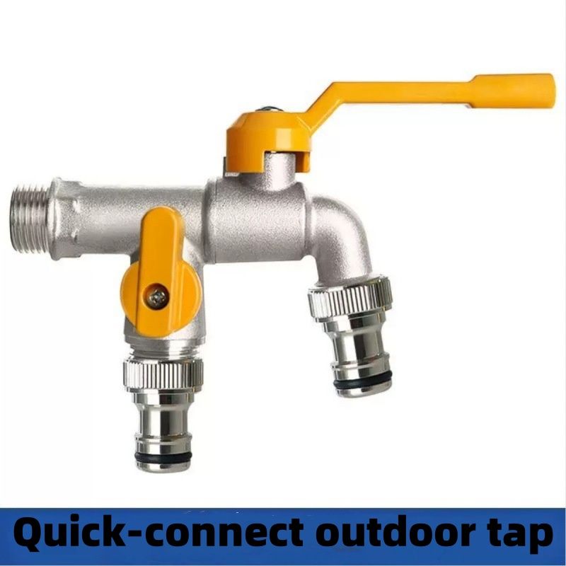Thickened Outdoor Faucet, Frost-resistant And Crack-proof, Suitable For Courtyards And Gardens, Single-inlet And Double-outlet, Single-cold-water-connect, Quick-connect Dual-outlet Faucet._voghion.com