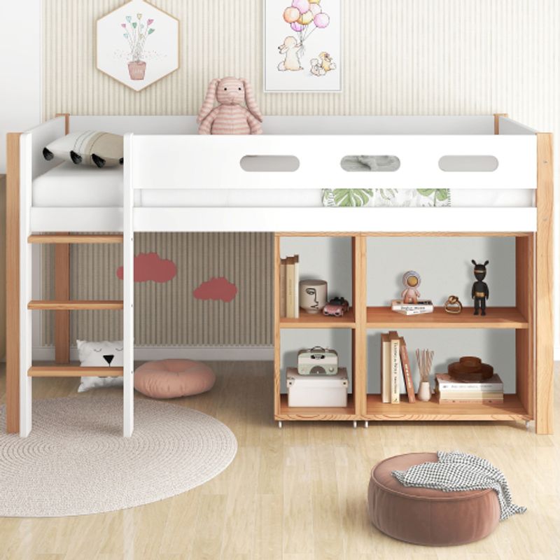Etagenbett Mit Stauraum Und Beweglichem Schrank, Hochbett Mit Dreistufiger Rechtwinkliger Treppe, Bettrahmen Aus Massivholz, Mit Absturzsicherung, Kiefer+MDF, Natur+Weiß, 90x200 Cm_voghion.com