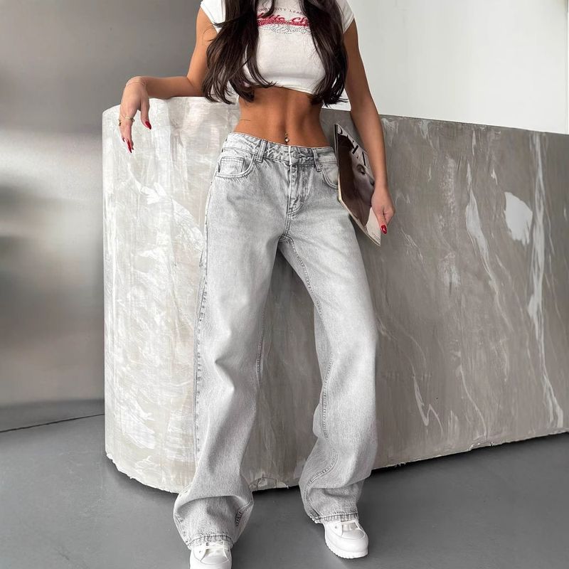 Women's Clothing Retro High Waist Washed Distressed Hot Girl Jeans Women's Back Leg Holes Design Wide Leg Pants_voghion.com