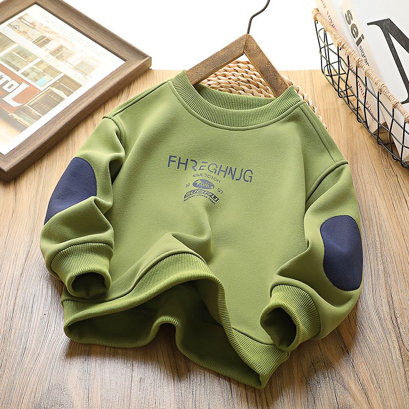 Boys' Fleece-Lined Hoodie Winter Warm Cotton Blend Pullover With Letter Print For Big Kids (8+ Years, 140cm+) - Grey/White/Green/Orange​_voghion.com