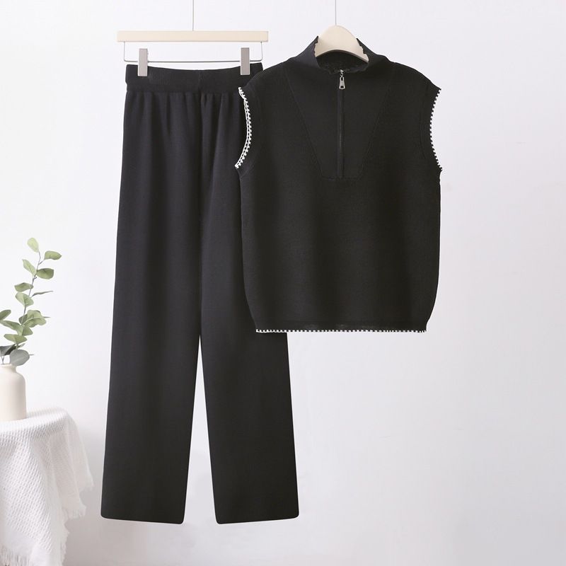 Summer new style niche temperament round neck half zipper sleeveless top + fashion slim wide leg pants casual suit for women_voghion.com