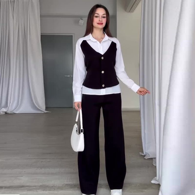 Damenbekleidung, einfarbig, V-Ausschnitt, schmale Passform, All-Match-Weste, Hose, zweiteiliges Set_voghion.com
