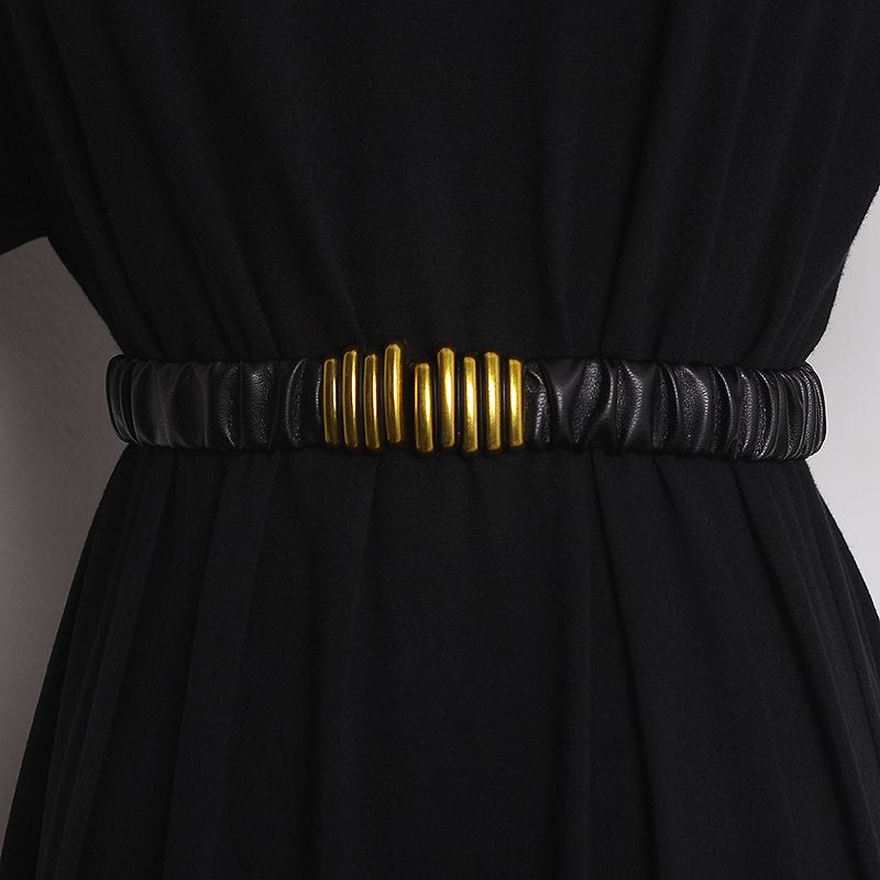 Ceinture élastique plissée en cuir avec boutons en alliage Caterpillar pour femmes, ceinture amincissante à la mode et polyvalente, nouvelle collection 2022_voghion.com