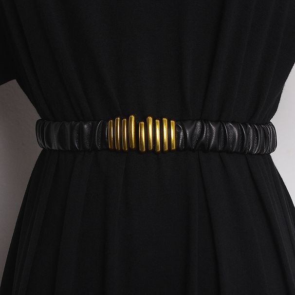 Ceinture élastique plissée en cuir avec boutons en alliage Caterpillar pour femmes, ceinture amincissante à la mode et polyvalente, nouvelle collection 2022_voghion.com