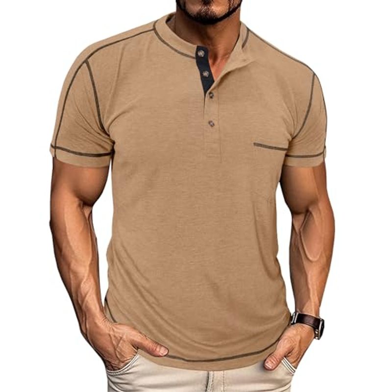 Designer's New Men's T-shirt Men's Short Sleeved Henry Collar Basic Shirt T-shirt Round Neck Button Summer Shirt_voghion.com