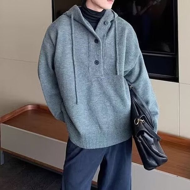 Avancerad höst- och vinterny huvtröja med knappar för män, enkel och lös mångsidig stickad tröja_voghion.com