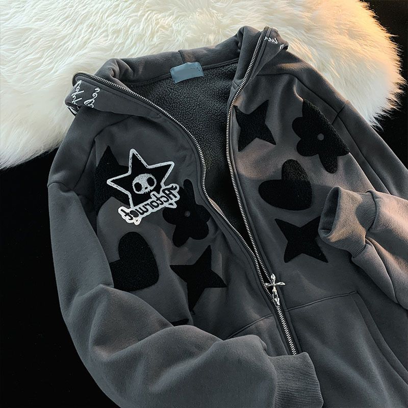 Women's Clothing velvet thickened retro letter embroidery hooded cardigan sweatshirt couple large size loose jacket_voghion.com