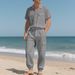 Men's Loose High-End Hip-Hop Cargo Sports Casual Long Pants Linen Beach Short Sleeve Shirt Set_voghion.com