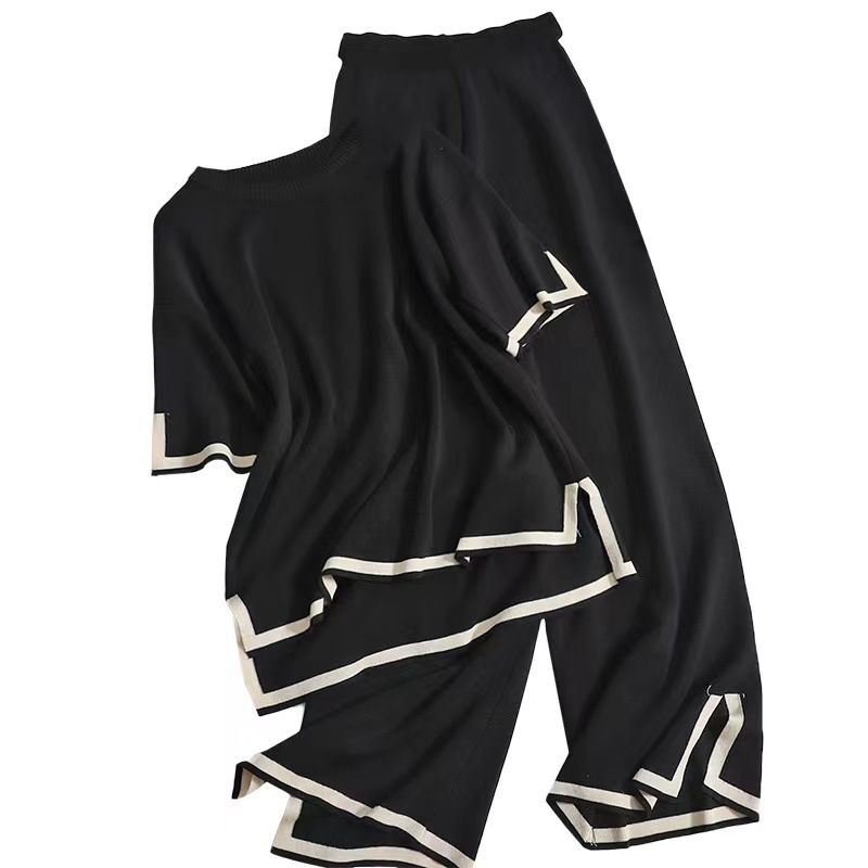 Neue mode anzug temperament kontrast farbe schlitz kurzarm pullover + hohe taille schlank breite bein hosen hosen zwei-stück set_voghion.com