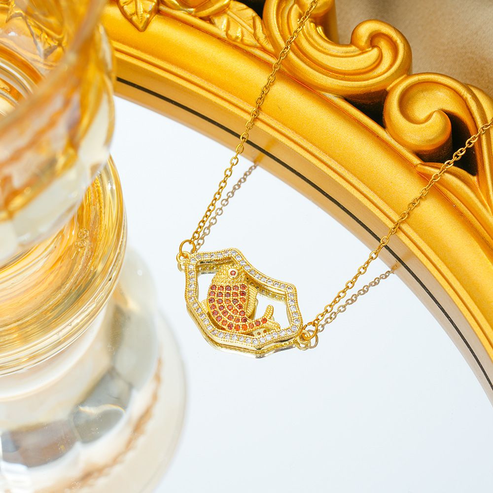 Good Luck Koi Necklace Fan-shaped Lucky Orange Zirconium-inlaid New Year Fish Vintage Necklace Women's Pull-out Necklace Jewelry_voghion.com