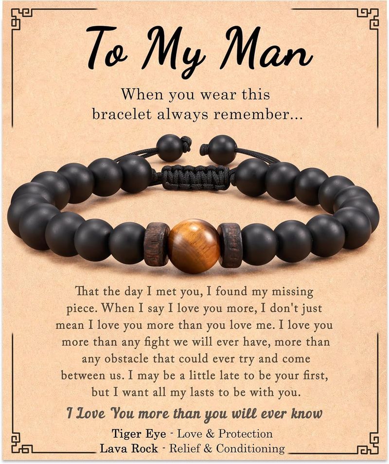 Pulsera tejida de moda para hombre de gran venta, lote de pulseras con cuentas de piedra volcánica y obsidiana negra esmerilada con piedra de ojo de tigre_voghion.com
