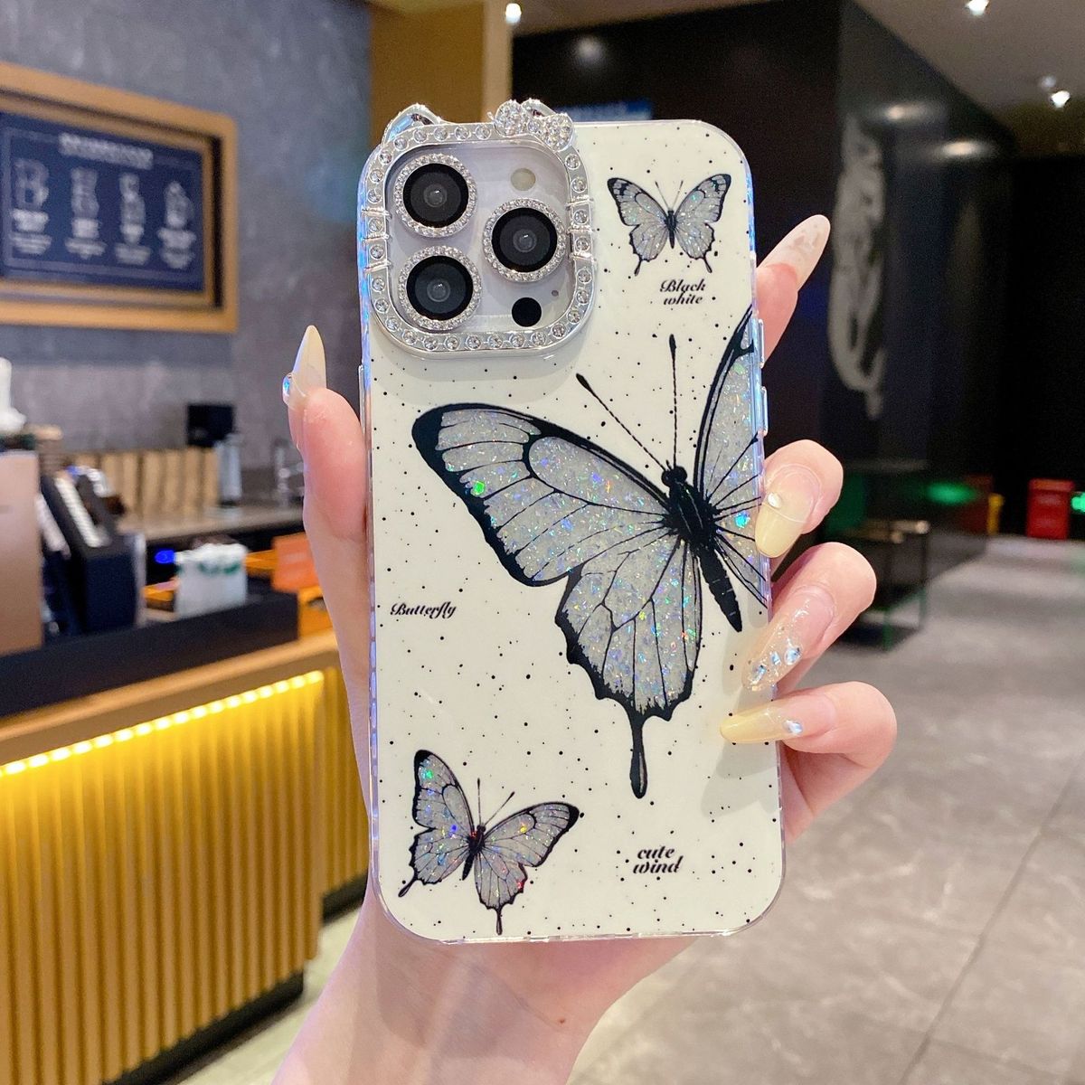 Custodia TechGlobe in stile coreano e giapponese con orecchie di gatto e diamanti scintillanti per iPhone 6 Pro Max e protezione per l'obiettivo dell'iPhone 5_voghion.com