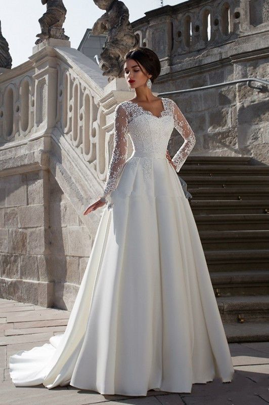 Women's lace long sleeve trailing wedding dress simple trailing slim lace satin banquet host wedding dress_voghion.com