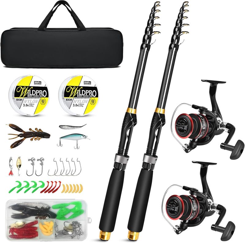 Kalynsung 7ft (Approx. 2.1m ) And Reel Combo, 2-Piece Telescopic Carbon Fiber Rod, Spinning Reel*2, Line*2, Hook Bait_voghion.com