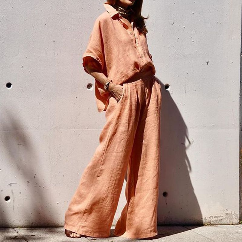 Vêtements pour femmes FD1666 Printemps et été Nouvelle mode pour dames Tempérament Couleur unie Ample Coton et lin Revers Deux pièces Ensemble_voghion.com