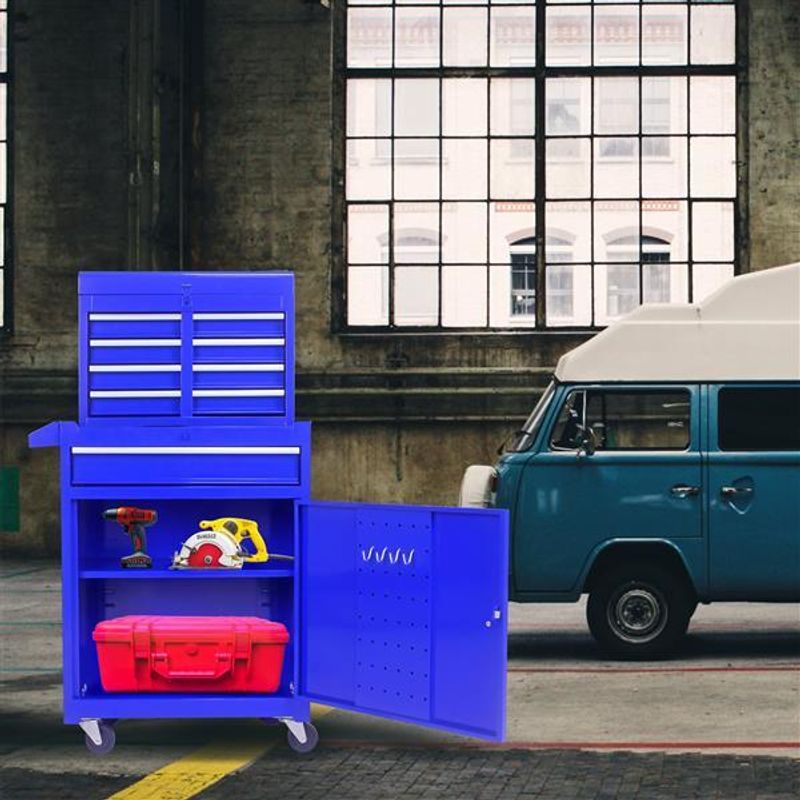 Detachable 5 Drawer Tool Chest with Bottom Cabinet and One Adjustable Shelf--Blue_voghion.com