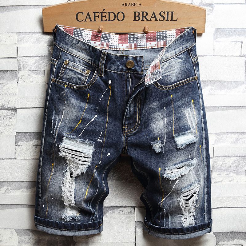 Jeans för män, mestadels trasigt innerfoder, fempunkts tiggarbyxor, trendigt sommarmärke, personliga jeans för män, män_voghion.com