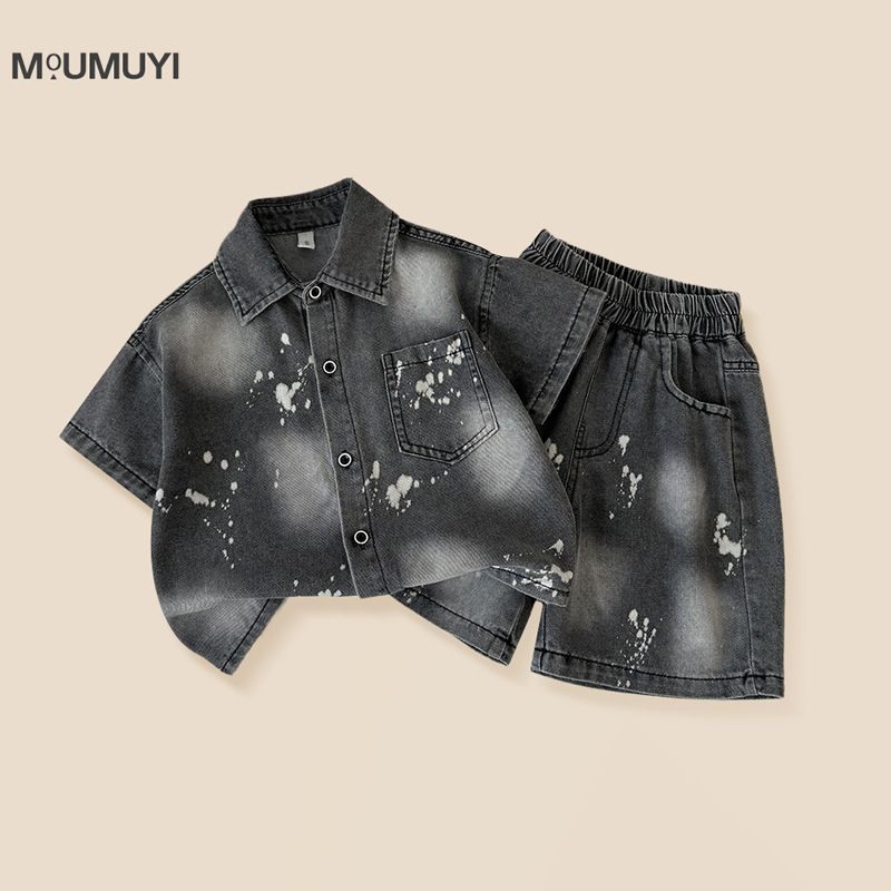 Mother & Kids Boys Paint Splashed Denim Suit Short Sleeved Shorts Children's Jacket_voghion.com