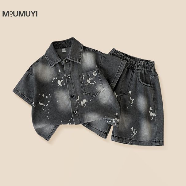 Mother & Kids Boys Paint Splashed Denim Suit Short Sleeved Shorts Children's Jacket_voghion.com