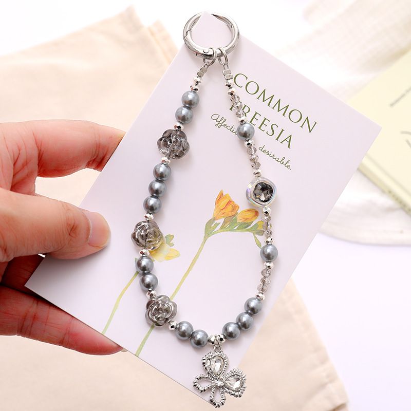 Ciondolo per borsa da donna di alta qualità, con catena di perle a forma di farfalla corta e fiore di rosa, nuovo e alla moda_voghion.com