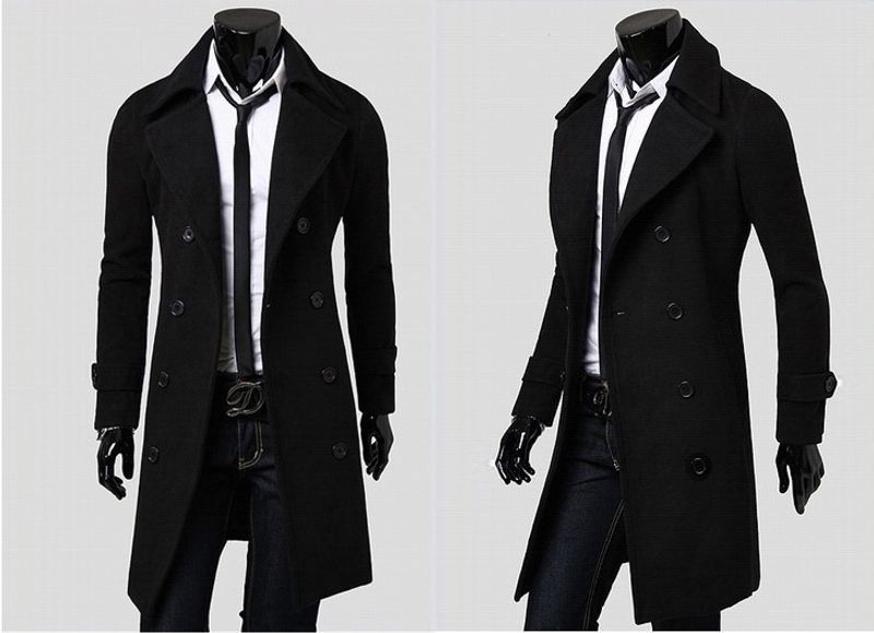 Langer zweireihiger Herren-Trenchcoat, Herren-Tweed-Mantel, schmaler Tweed-Mantel_voghion.com