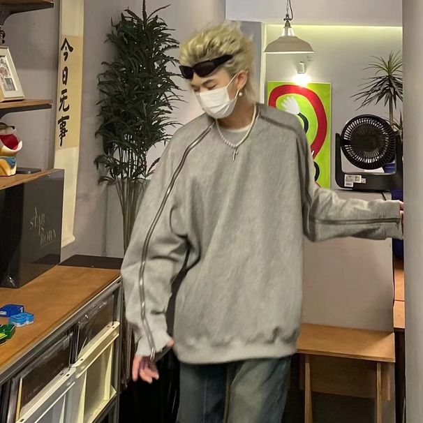 Zipper Splicing Round Neck Sweatshirt For Men's Autumn Loose Top_voghion.com