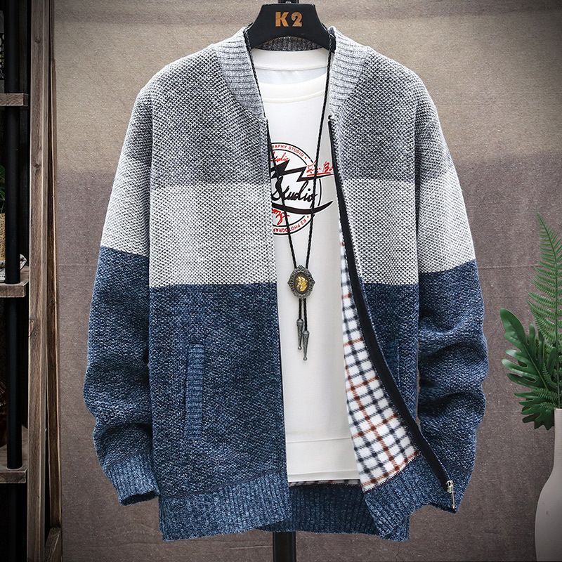 Colletto rialzato da uomo in tinta unita più maglione in pile spesso maglione cardigan casual di grandi dimensioni_voghion.com