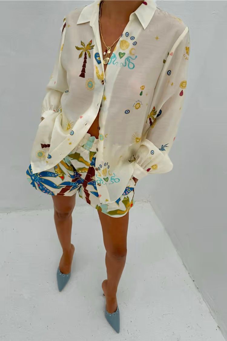 Damenbekleidung Mode Leinen Casual Vielseitiges Hemd Strickjacke Shorts_voghion.com