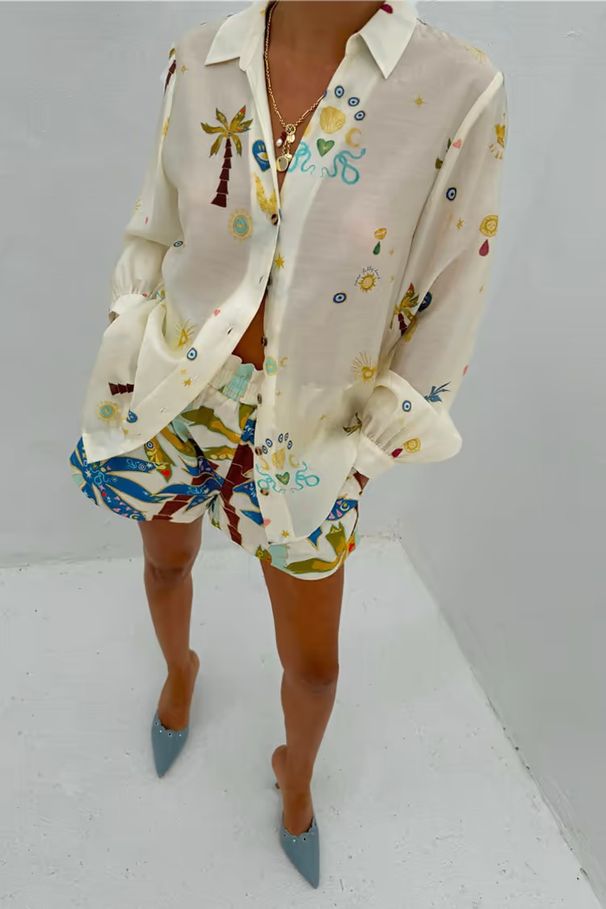 Damenbekleidung Mode Leinen Casual Vielseitiges Hemd Strickjacke Shorts_voghion.com