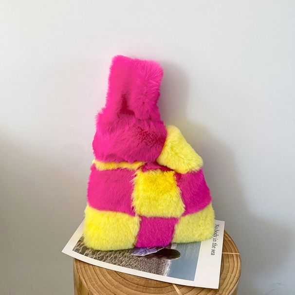 Borsa a secchiello in morbida peluche a scacchi con chiusura magnetica, borsa a mano elegante e versatile, borsa a tracolla alla moda per outfit quotidiani_voghion.com