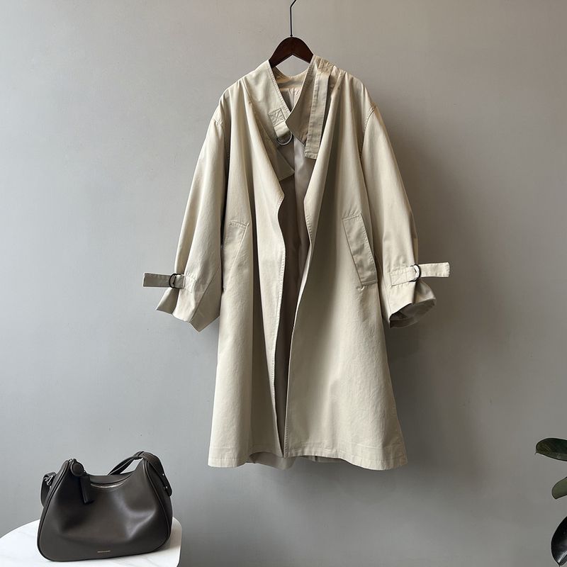 Khaki Windbreaker Women's Mid Length Spring And Autumn Cocoon Shaped Temperament Casual Plus Size Stand Up Collar_voghion.com